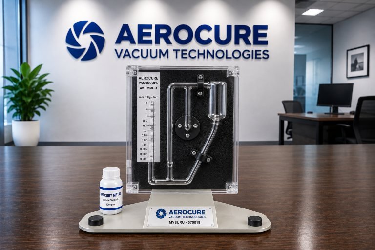 McLeod vacuum gauge with glass capillary and pressure scale
