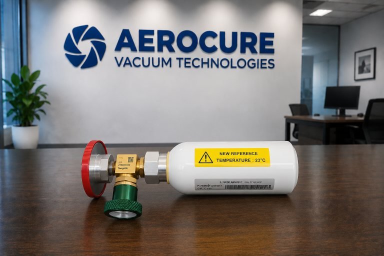 Helium leak calibration standard with valve and vacuum flange connection
