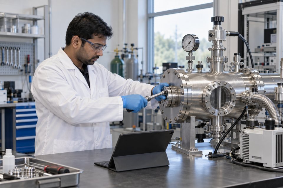 Illustrative technician reviewing a stainless-steel vacuum system