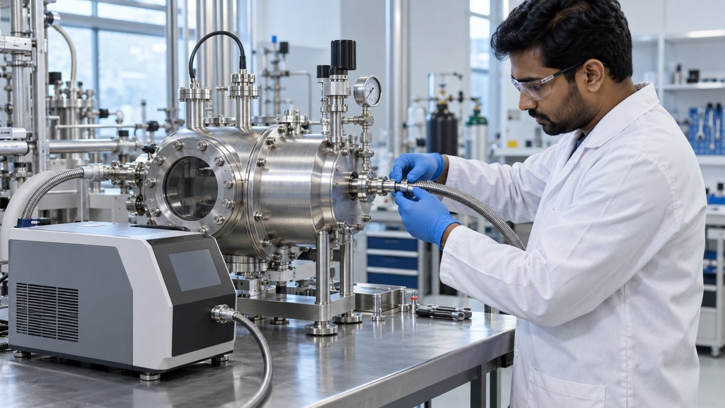 Illustrative technician connecting leak-detection equipment to a stainless-steel vacuum chamber